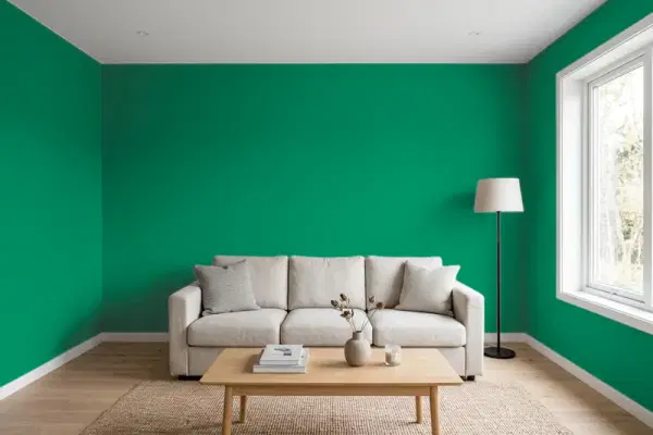 Living room with walls painted Benjamin Moore Irish Clover 2038-20 (simulated)