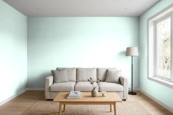 Living room with walls painted Benjamin Moore Irish Mint 2041-70 (simulated)