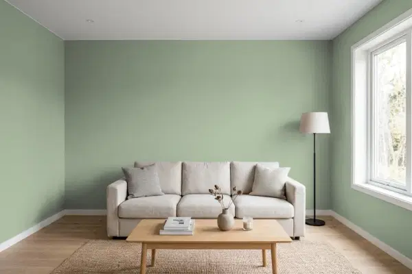 Living room with walls painted Valspar Irish Paddock 5006-4A (simulated)