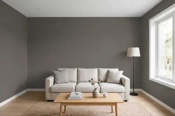 Living room with walls painted Sherwin-Williams Ironclad SW 9570 (simulated)