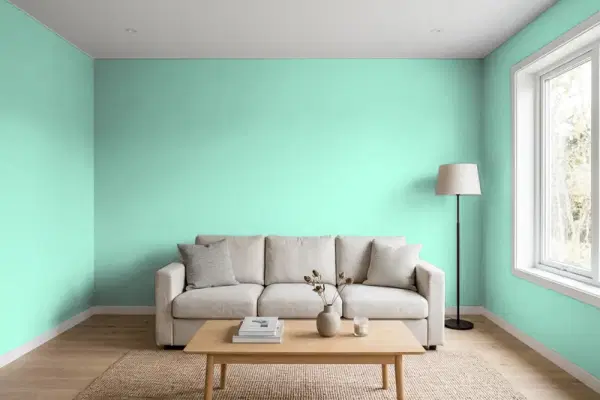 Living room with walls painted Behr Isabellas Aqua HDC-SP16-07 (simulated)