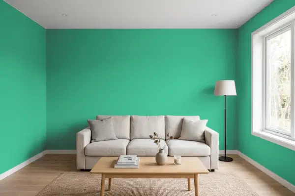 Living room with walls painted Benjamin Moore Island Getaway 593 (simulated)