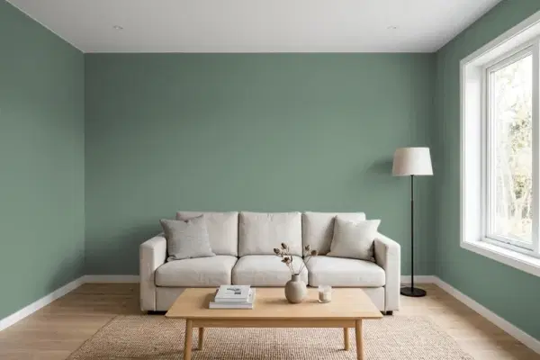Living room with walls painted Behr Island Palm 460F-5 (simulated)