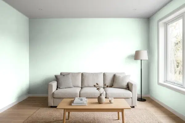 Living room with walls painted Benjamin Moore Italian Ice Green 2035-70 (simulated)