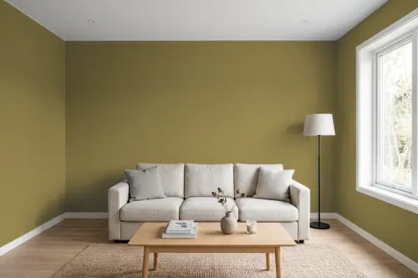 Living room with walls painted Behr Italian Olive S-H-390 (simulated)