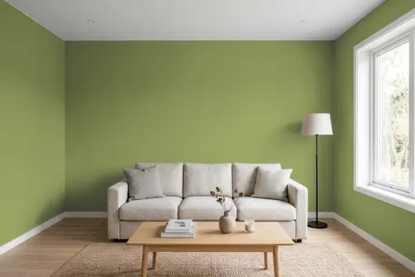 Living room with walls painted Valspar Ivy Pasture 6004-6C (simulated)