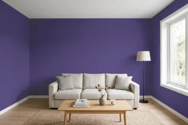 Living room with walls painted Sherwin-Williams Izmir Purple SW 6825 (simulated)
