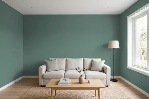 Living room with walls painted Benjamin Moore Jack Pine CC-660 (simulated)