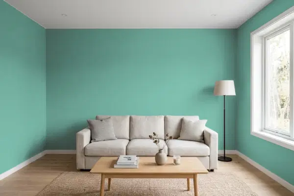 Living room with walls painted Behr Jade Dragon T17-15 (simulated)