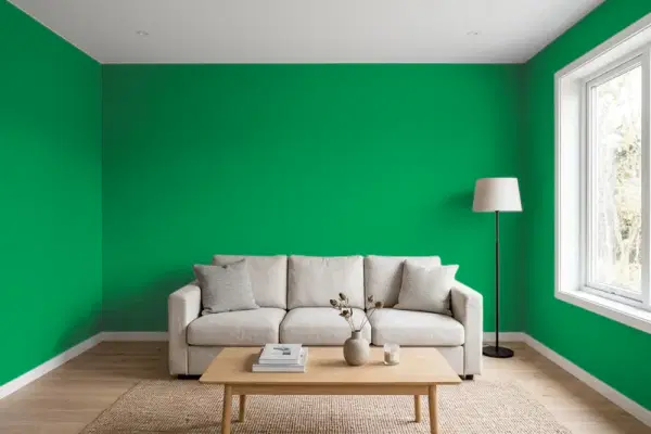 Living room with walls painted Benjamin Moore Jade Green 2037-20 (simulated)
