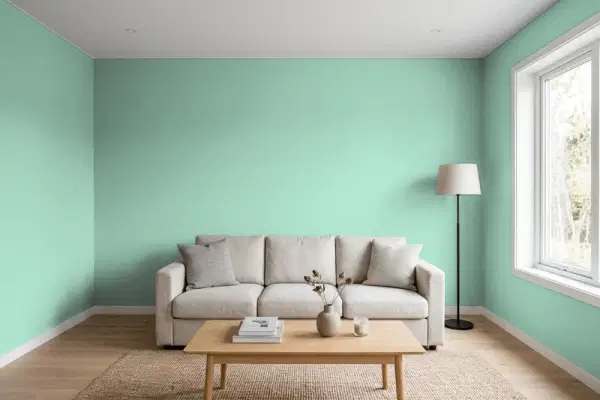 Living room with walls painted Behr Jade Mountain M420-4 (simulated)
