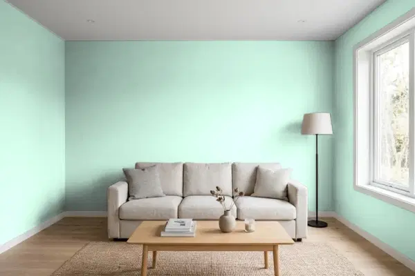 Living room with walls painted PPG Paints Jade Spell 1228-2 (simulated)