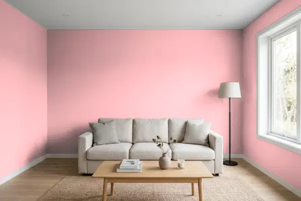 Living room with walls painted PPG Paints Jaguar Rose 1186-3 (simulated)