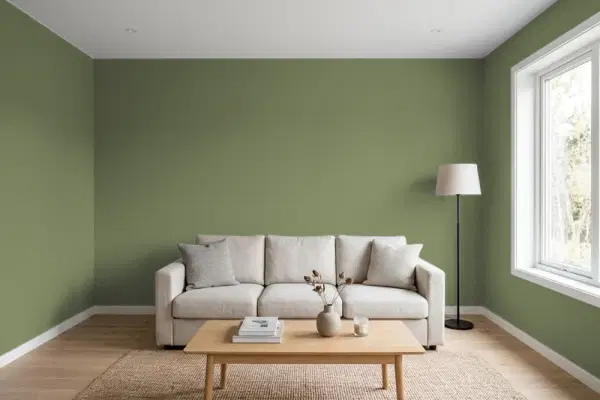 Living room with walls painted Behr Jalapeno BIC-56 (simulated)