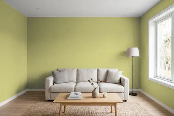 Living room with walls painted Valspar Jalapeno Jelly 6005-6A (simulated)