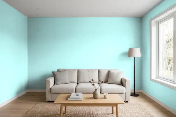Living room with walls painted Benjamin Moore Jamaican Aqua 2048-60 (simulated)