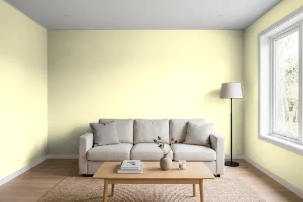Living room with walls painted Benjamin Moore Jasper Opal 387 (simulated)