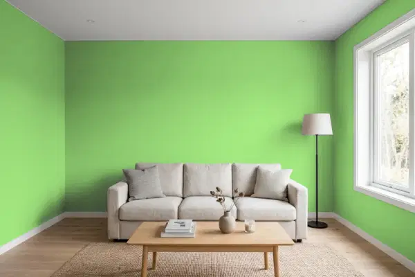 Living room with walls painted Valspar Jaunty Green 6005-10B (simulated)