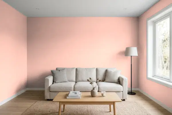 Living room with walls painted Sherwin-Williams Jazz Age Coral SW 0058 (simulated)