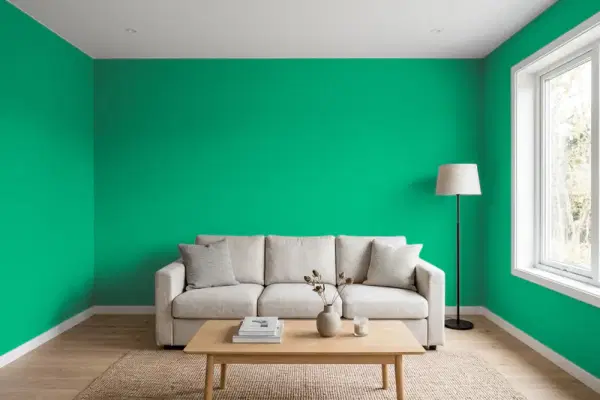 Living room with walls painted Sherwin-Williams Jitterbug Jade SW 6987 (simulated)
