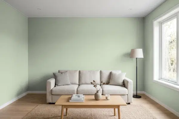 Living room with walls painted Behr Jojoba N390-3 (simulated)