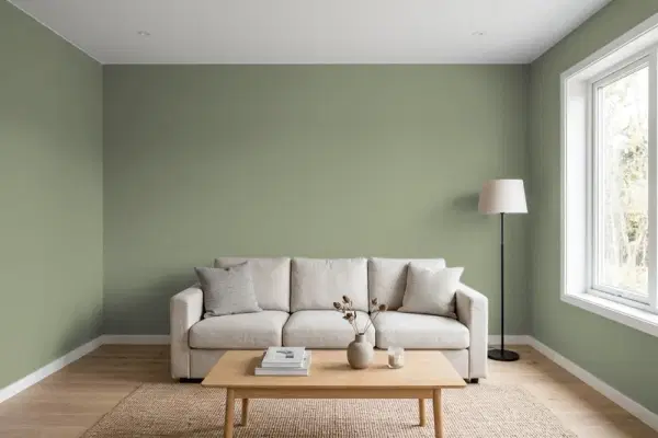 Living room with walls painted Benjamin Moore Jojoba AF-460 (simulated)