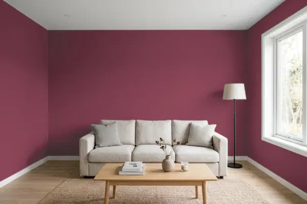 Living room with walls painted Behr July Ruby BIC-51 (simulated)