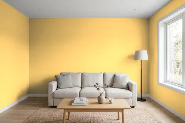 Living room with walls painted Sherwin-Williams June Day SW 6682 (simulated)