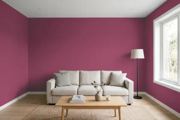 Living room with walls painted Sherwin-Williams Juneberry SW 6573 (simulated)