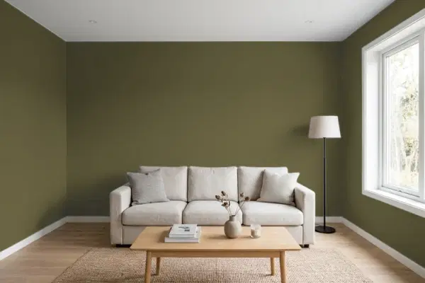 Living room with walls painted Benjamin Moore Jungle Canopy CSP-900 (simulated)