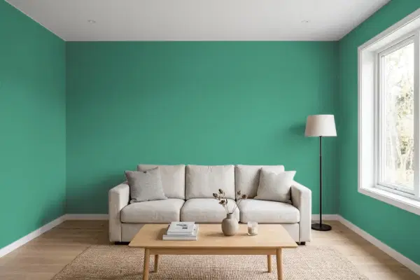 Living room with walls painted Benjamin Moore Juniper Green 601 (simulated)
