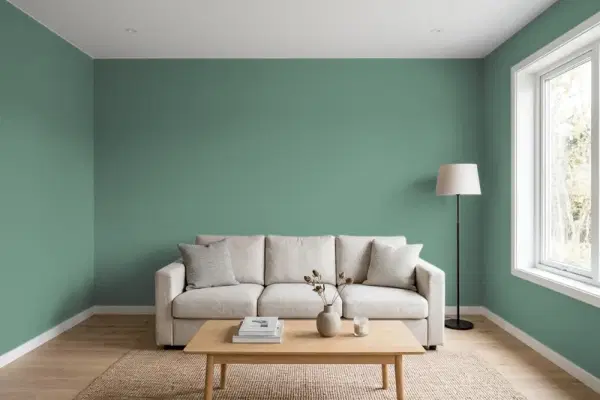 Living room with walls painted Sherwin-Williams Juniper SW 9679 (simulated)