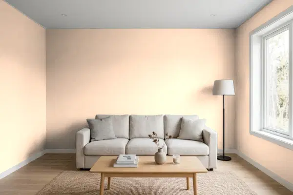 Living room with walls painted Benjamin Moore Juno Peach 087 (simulated)