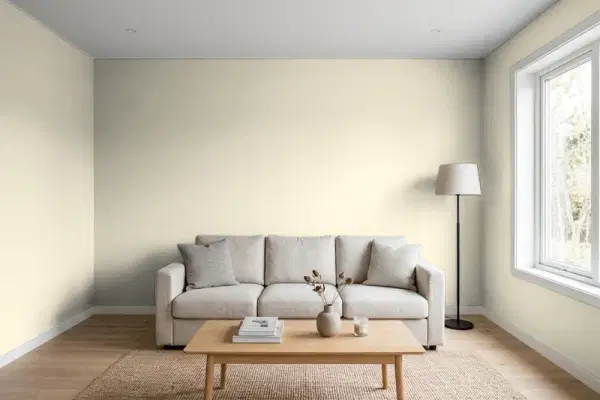 Living room with walls painted Benjamin Moore Jute AF-80 (simulated)