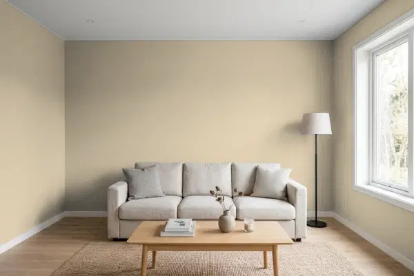 Living room with walls painted Benjamin Moore Kangaroo AF-145 (simulated)
