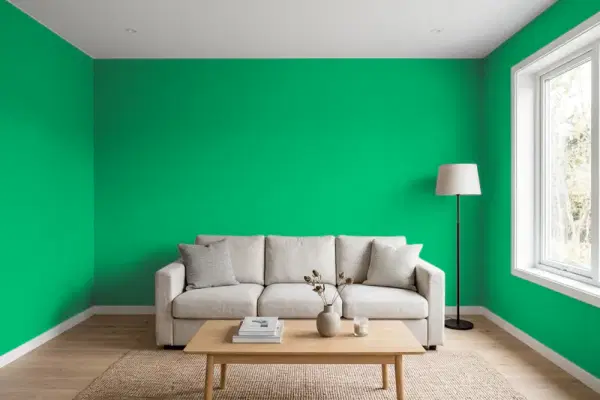 Living room with walls painted Benjamin Moore Kelly Green 2037-30 (simulated)