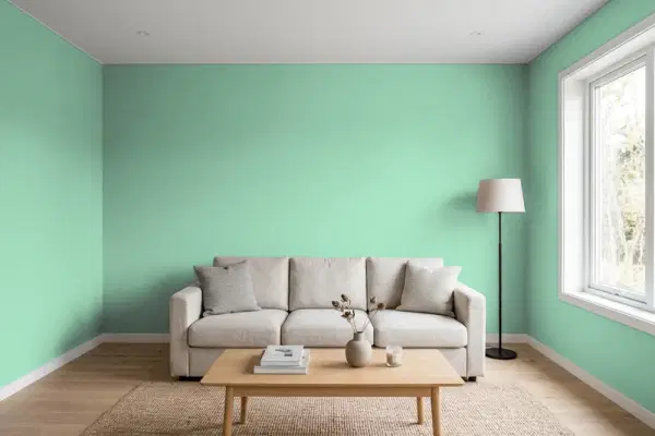 Living room with walls painted Valspar Kelp 6001-8A (simulated)