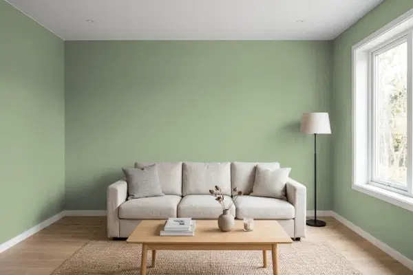 Living room with walls painted Benjamin Moore Kennebunkport Green HC-123 (simulated)