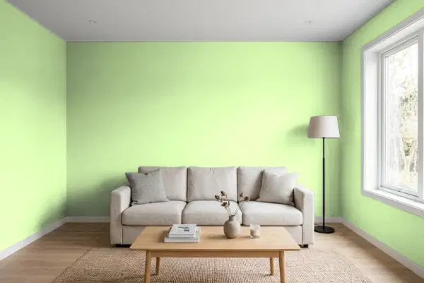 Living room with walls painted Benjamin Moore Key Lime 2031-50 (simulated)