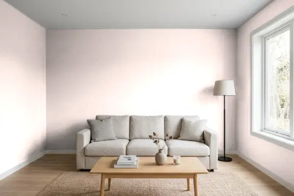 Living room with walls painted Benjamin Moore Key Pearl 885 (simulated)