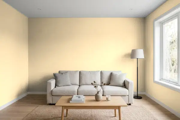 Living room with walls painted Benjamin Moore Key West Ivory 192 (simulated)