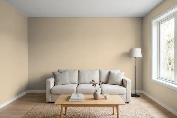 Living room with walls painted Sherwin-Williams Khaki Shade SW 7533 (simulated)