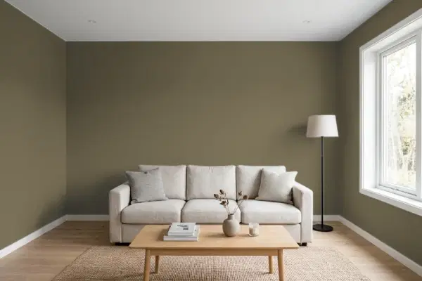Living room with walls painted Behr Kilimanjaro N340-7 (simulated)