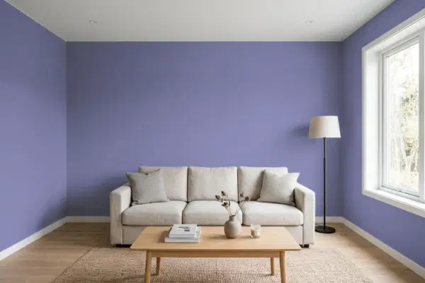 Living room with walls painted Behr Kimono Violet M550-6 (simulated)