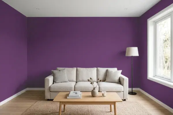 Living room with walls painted Sherwin-Williams Kimono Violet SW 6839 (simulated)