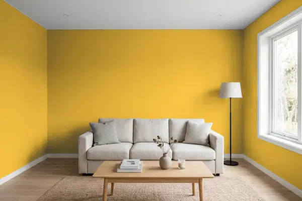 Living room with walls painted Sherwin-Williams Kingdom Gold SW 6698 (simulated)