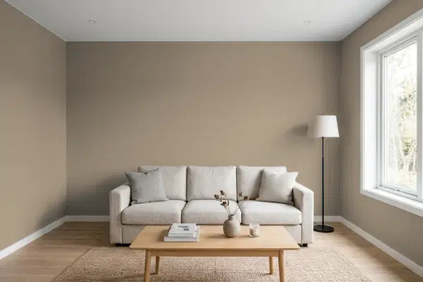 Living room with walls painted Benjamin Moore Kingsport Gray HC-86 (simulated)