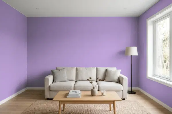 Living room with walls painted Sherwin-Williams Kismet SW 6830 (simulated)