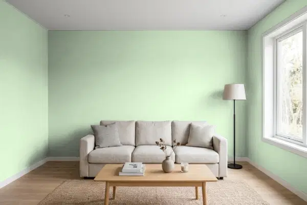 Living room with walls painted Valspar Kiss of Mint 5007-5B (simulated)
