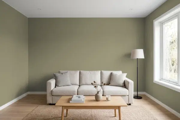 Living room with walls painted Behr Knotweed QE-37 (simulated)